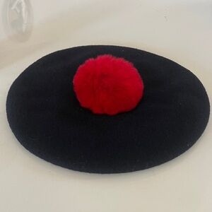 Laulhere Heritage Petit Pompon Beret Black Merino Wool with Red Rral Fur Pompon